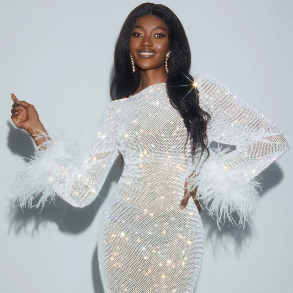 Mew Mews Xanthe Rhinestone Mesh Mini Dress In White - Picture 1 of 7